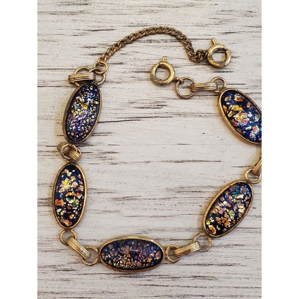 Vintage Gold-Tone Link Oval Foiled Art Glass Cabachon 6 1/2" Bracelet